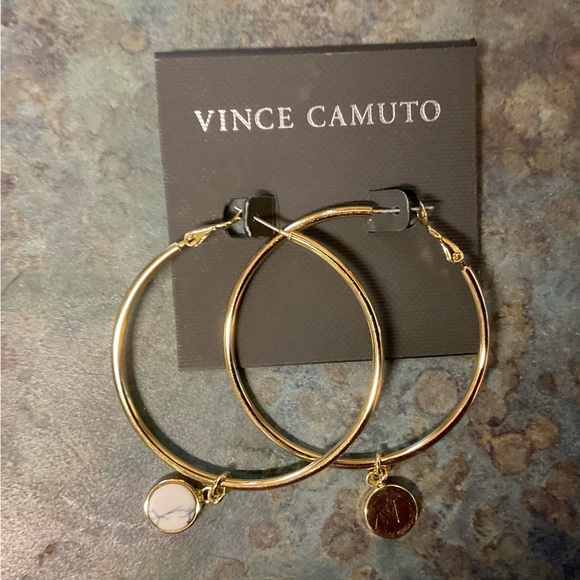Vince Camuto Gold Hoop Earrings with White Marbled Charm - Picture 2 of 2